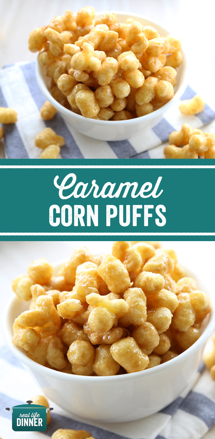 Two-photo Pinterest picture with the text of the title in the middle, separating the two photos of caramel corn puffs in a small white bowl on a blue and white striped cloth.