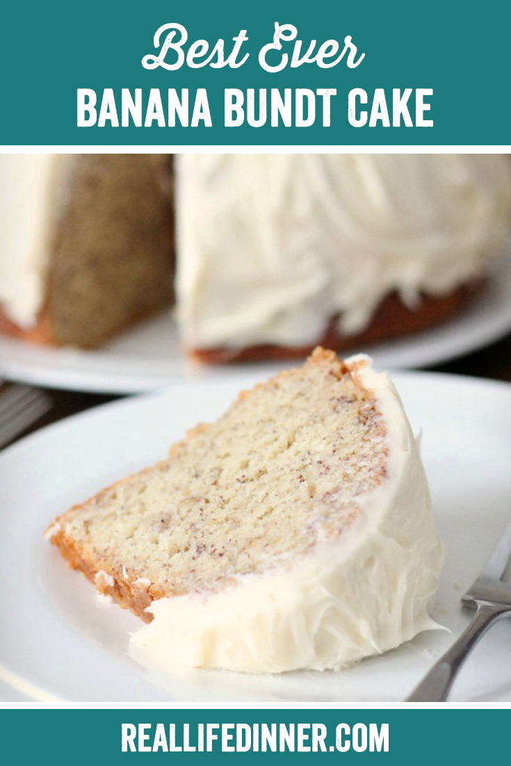 pinterest image for best ever banana bundt cake a slice on a plate with a fork and the rest of the cake in the background