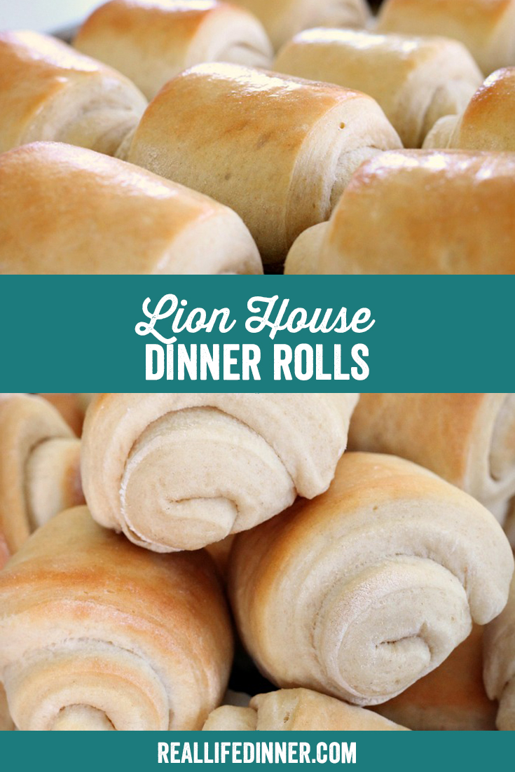a pinterest collage photo of lion house dinner rolls recipe. it has two pictures in it.