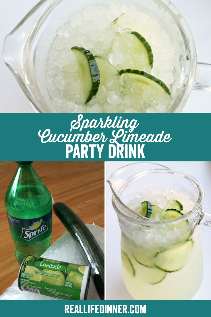 A pinterest collage photo of sparkling cucumber limeade party drink. it has three pictures in it.