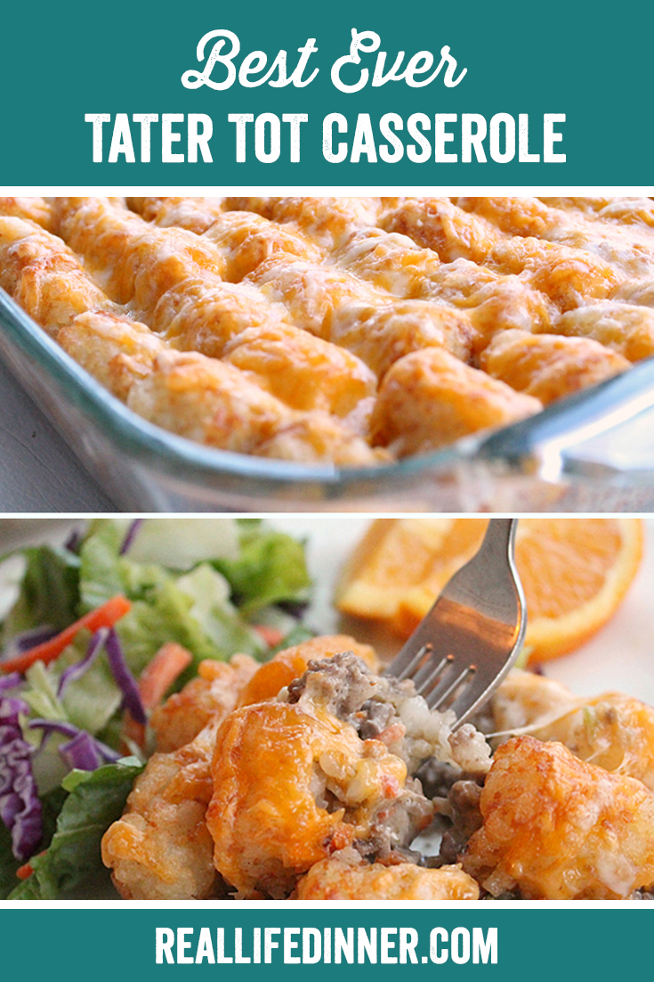 Pinterest image for tator tot casserole. It has two pictures and text with the title of the recipe