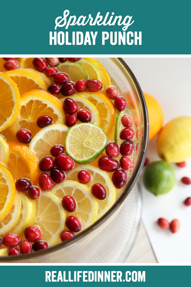 Holiday punch in a large punch bowl. full of lemons, oranges and cranberries