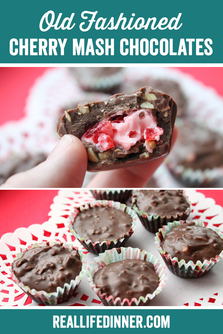 two pictures in a pinterest collage for cherry mash chocolates. you can see a plate of them and also one that has a bite out of it. 