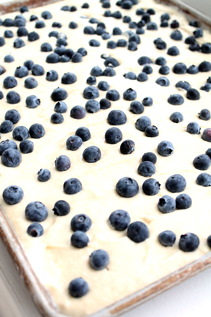White cake batter sprinkled with fresh blueberries