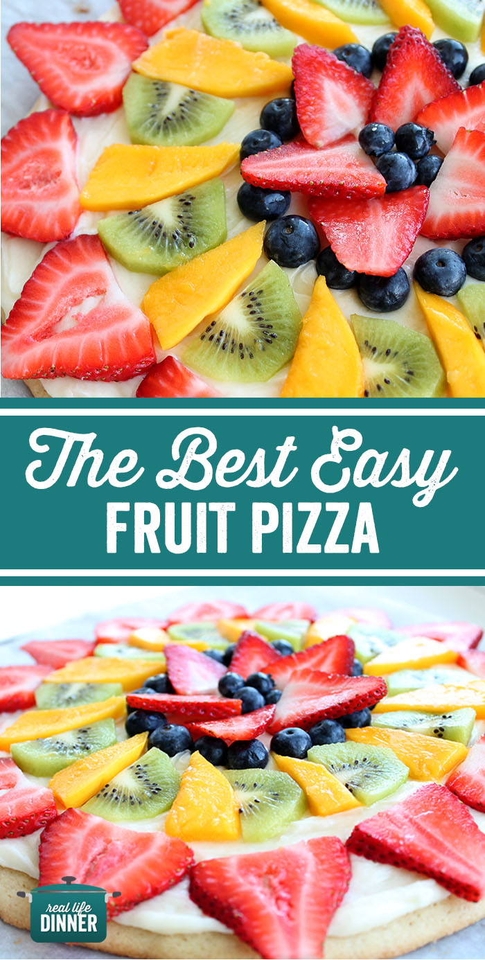 Pinterest collage of fruit pizza, two pictures with words in between. Both pictures are shots of fruit pizza up close.