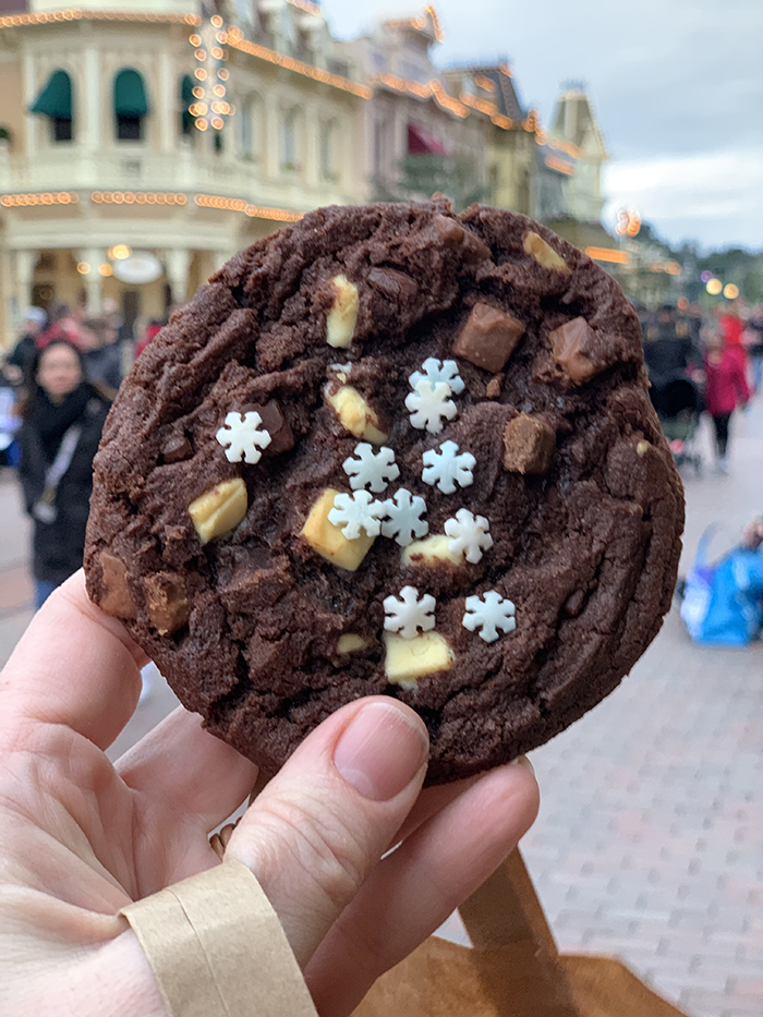 Chocolate Cookie with white chocolate chips and sprinkled with light blue snowflakes