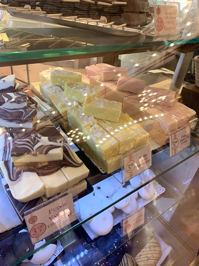 Counter at a candy store with different types of fudge.