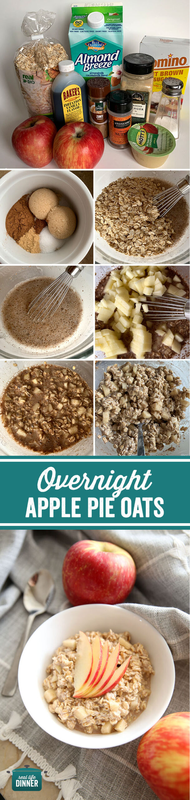 Collage picture of how to make Overnight Apple Pie Oats and a picture of the finished product