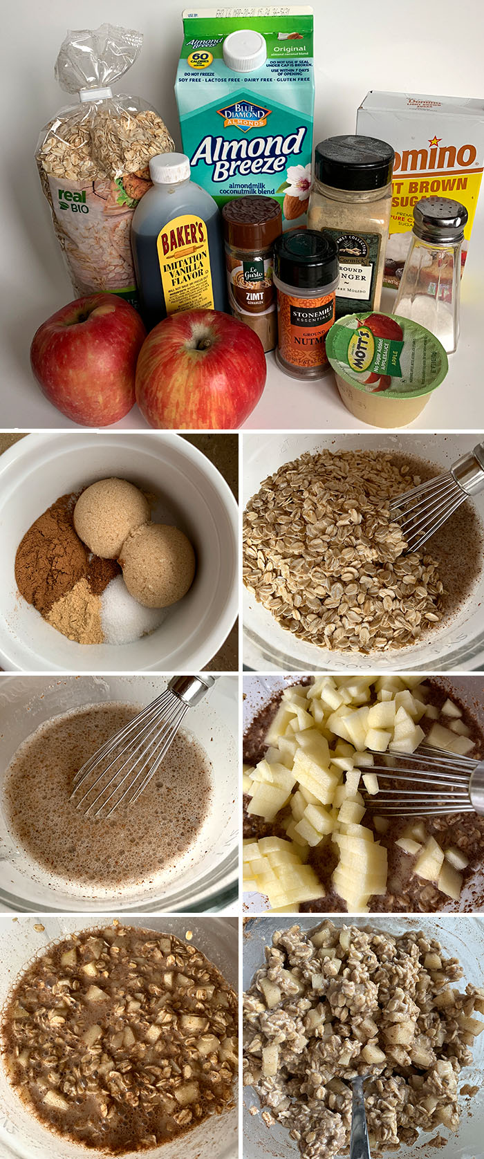 Step by step pictures of what is need to make Overnight Apple Pie Oats and also pictures of the steps
