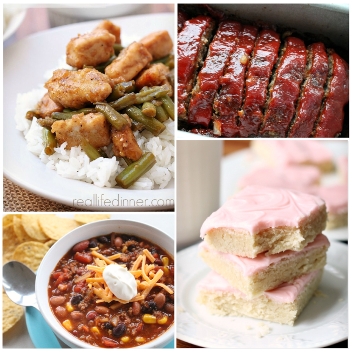 picture of three meals and one dessert that can be made with pantry and freezer ingredients