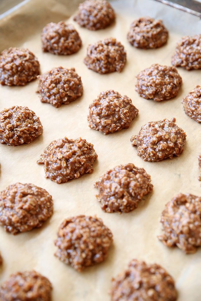 sheet pan of no bake cookies on parchment paper