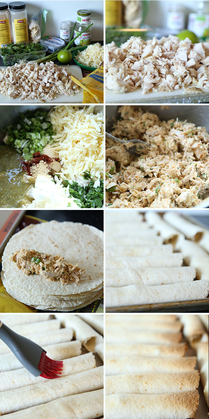 step by step collage of pictures for how to make easy baked chicken taquitos