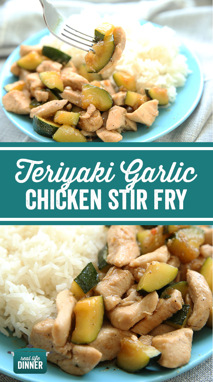Pinterest collage of teriyaki garlic zucchini stir fry with rice