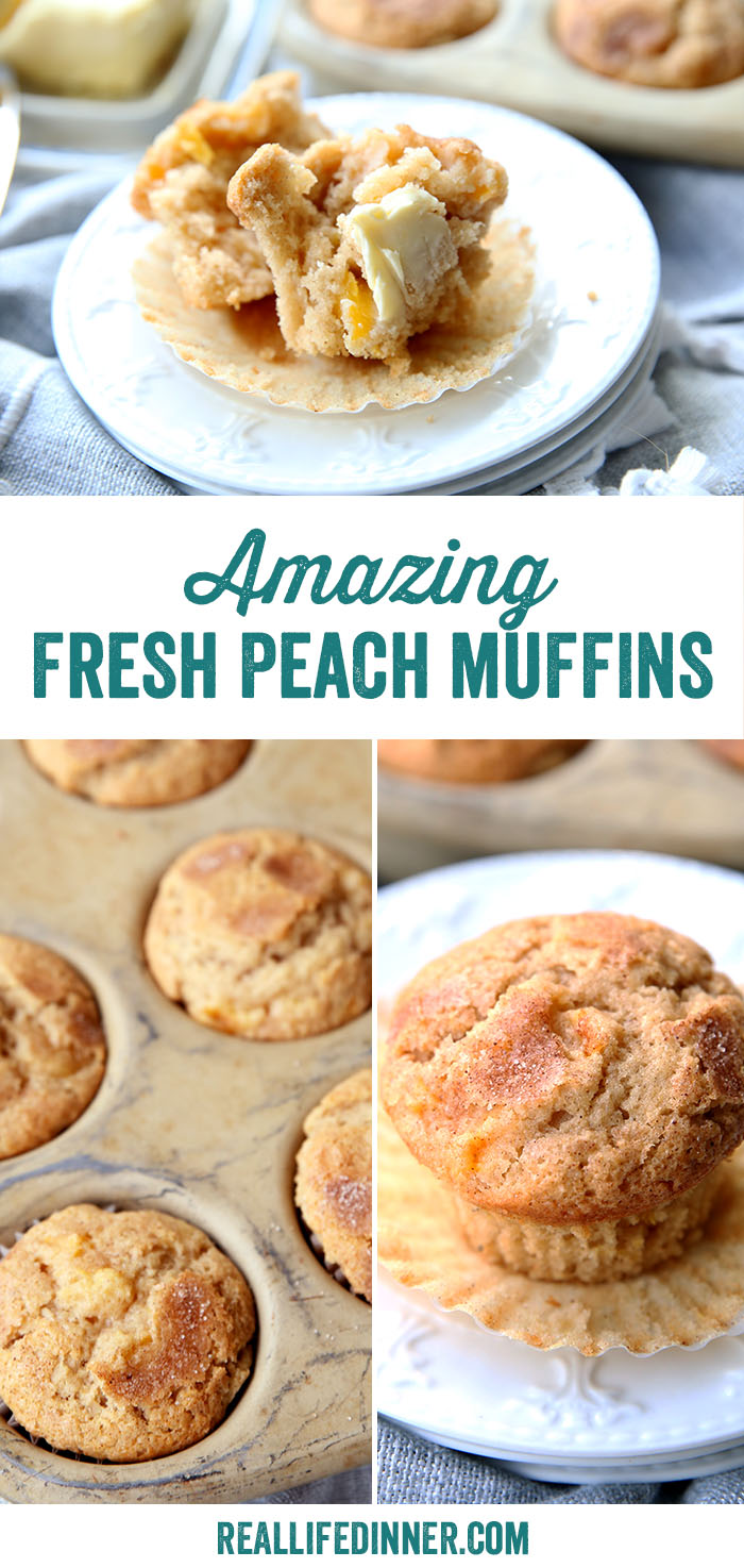 Pinterest collage of peach muffins. three pictures one of a muffin ripped in half with butter. one of a whole muffin and one of muffins in a muffin tin.