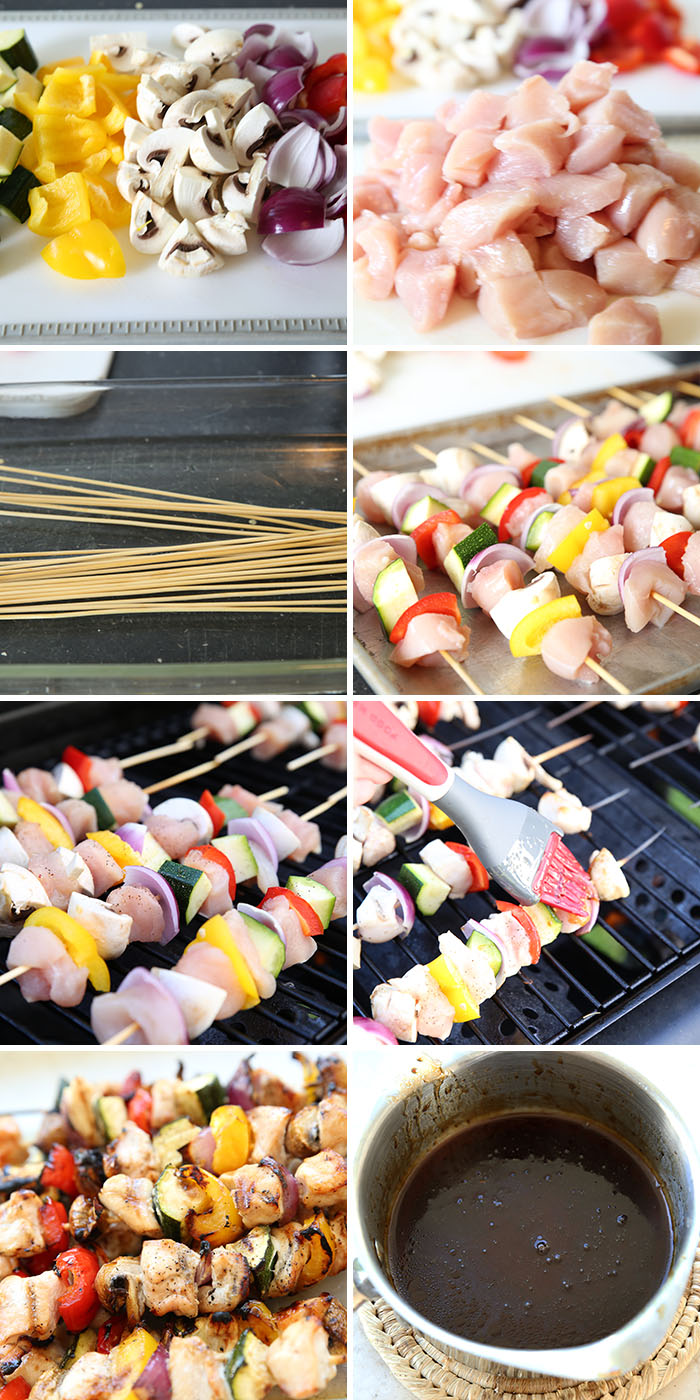Step by Step photos for making grilled teriyaki chicken kabobs. chopped veggies, chopped chicken and wooden skewers