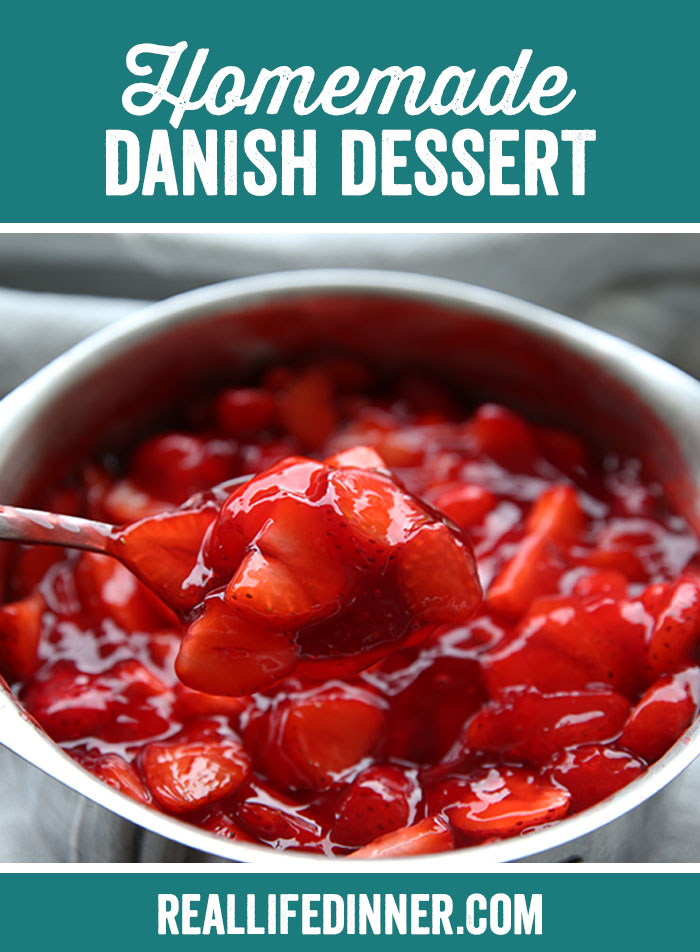Pinterest image for homemade danish dessert. It is a picture of the danish dessert mixed with fresh sliced strawberries in a 1 quart stainless steel sauce pan with a spoon taking a scoop out. 