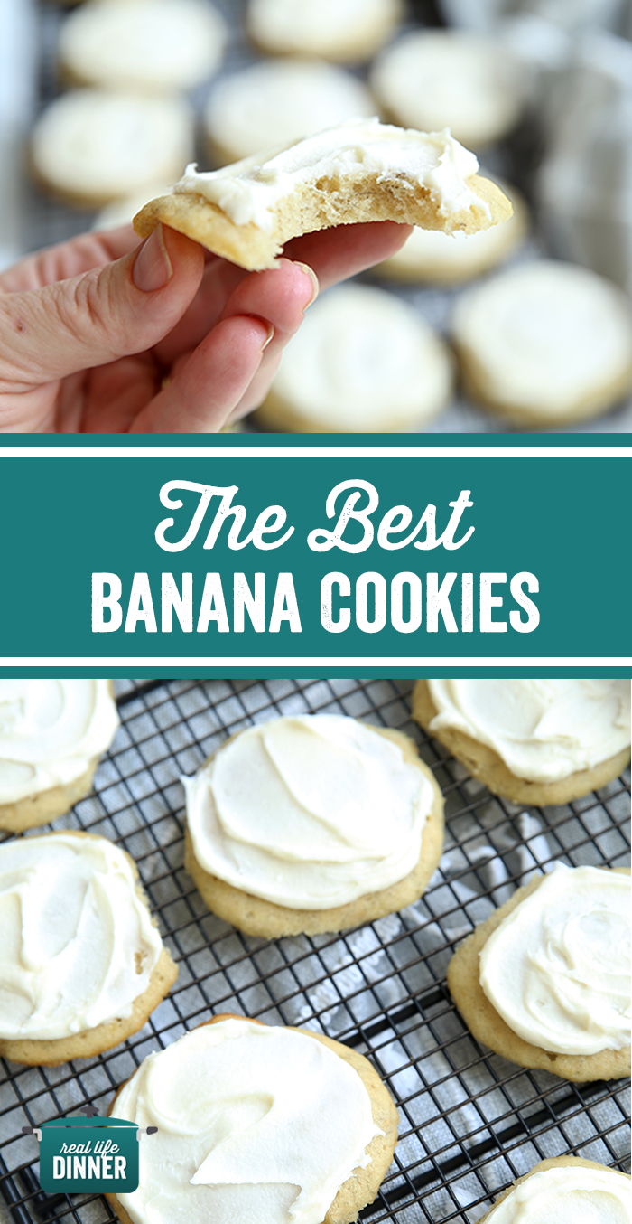 Pinterest image for the best banana cookies, the pictures show light cake like cookies with white butter cream frosting on top.