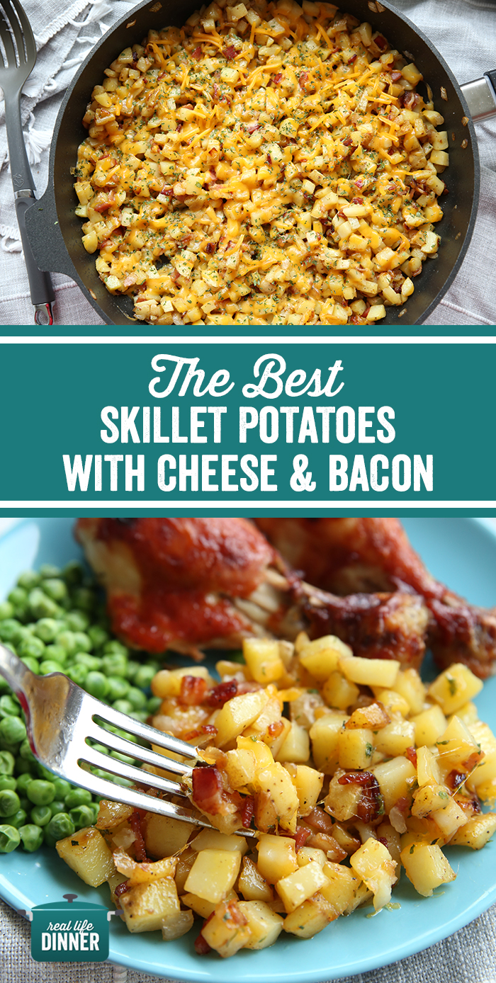 Pinterest image of a skillet full of cheesy bacon potatoes on top and a plate with chicken legs, peas and a big scoop of skillet potatoes with a fork taking a bite