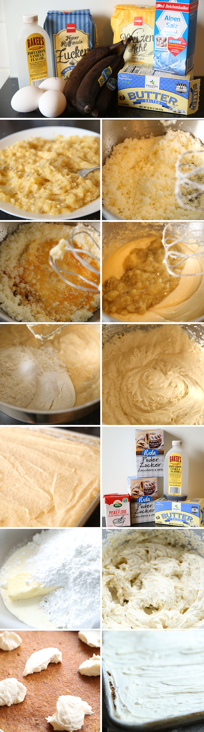 A step by step picture collage of all the steps it takes to make frosted banana bars