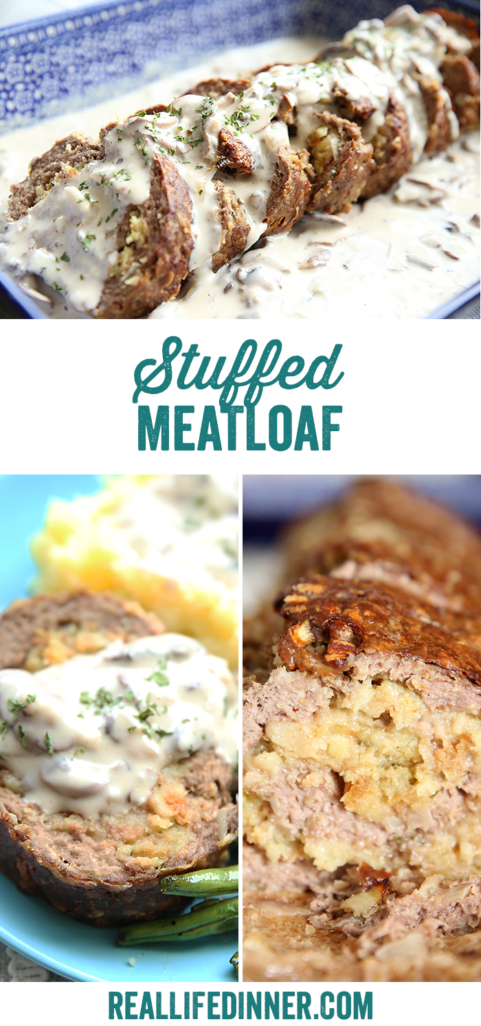 Pinterest collage of stuffed meatloaf, three pictures of different stages of the meatloaf with words saying the name of the recipe in the middle.