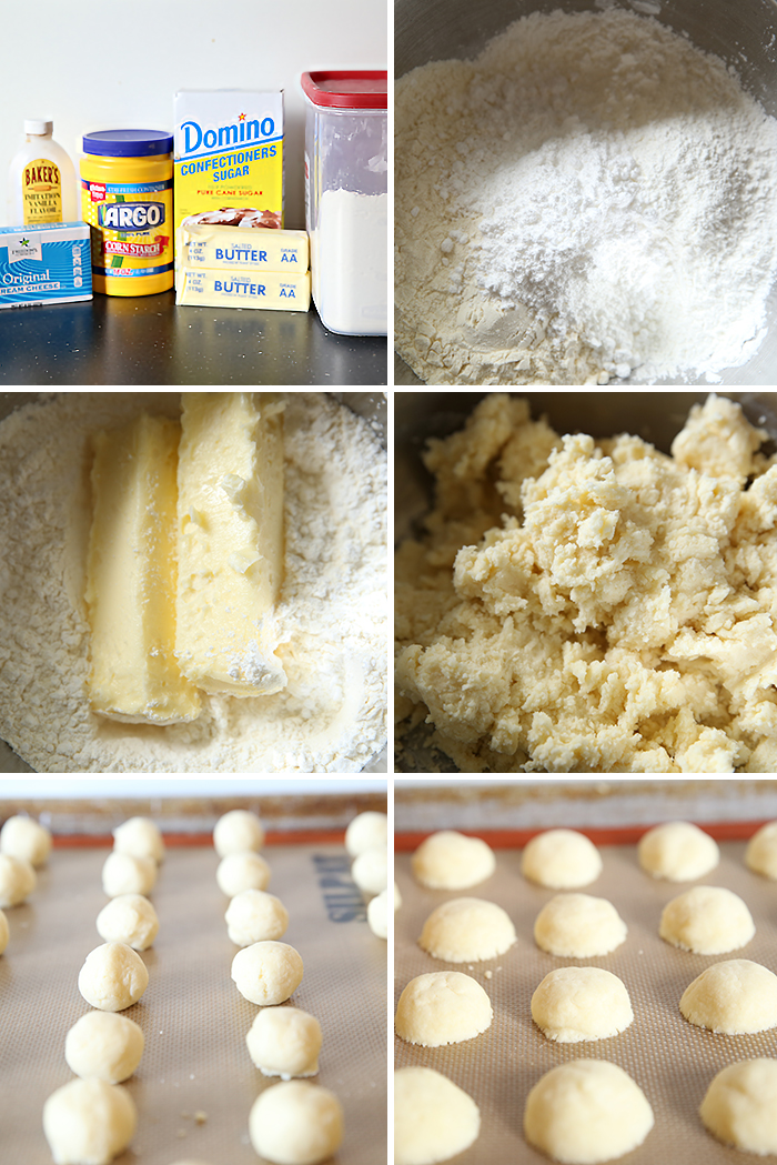 six pictures in a step by step collage for how to make amazing meltaway cookies