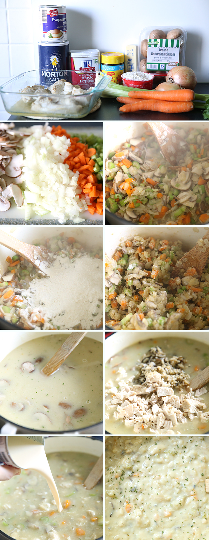 step by step pictures showing you how to make this recipe for chicken and wild rice soup.
