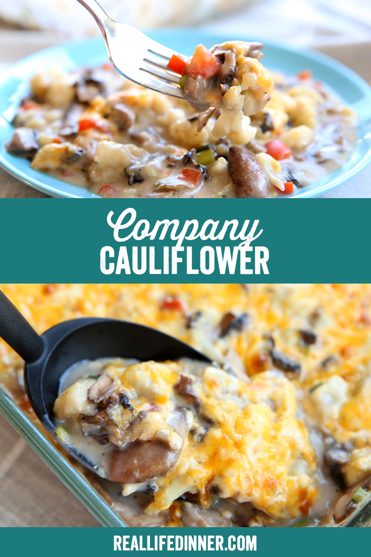 Pinterest collage of Company Cauliflower with 2 photos divided by text of the recipe title