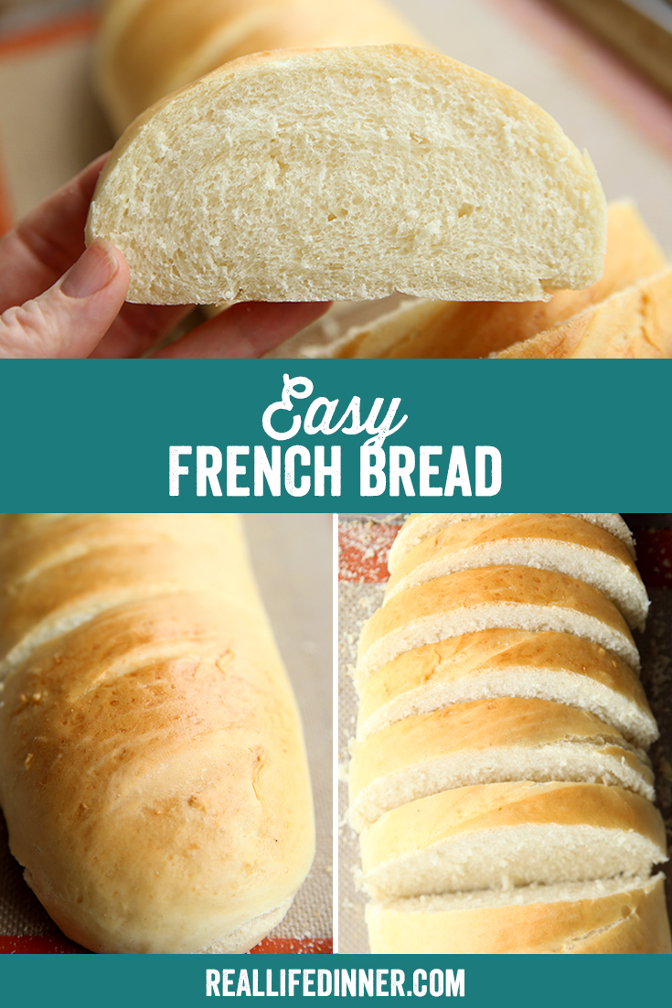 A pinterest collage for easy french bread, three pictures arranged with a header dividing them with the title of the recipe.