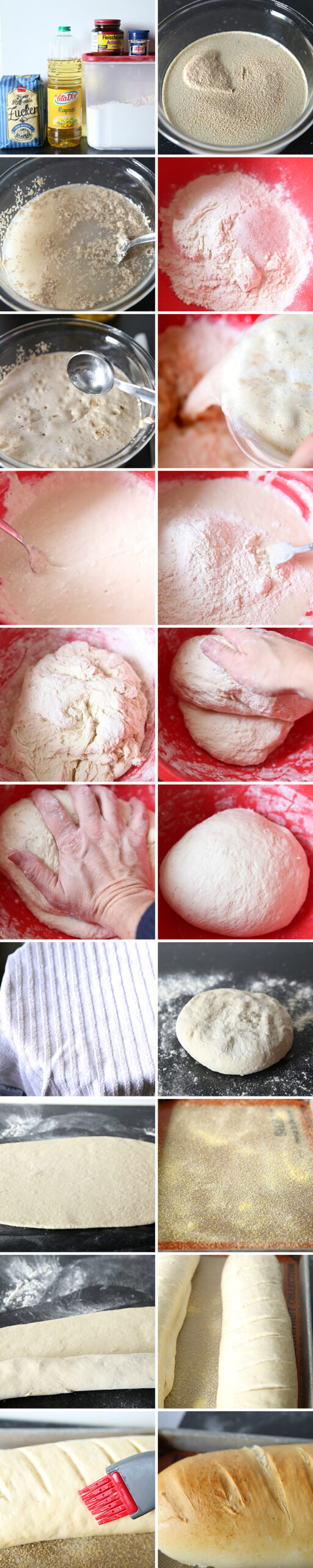 A large step by step picture collage made of twenty pictures that show the exact steps for making NO MIXER needed Easy French Bread.