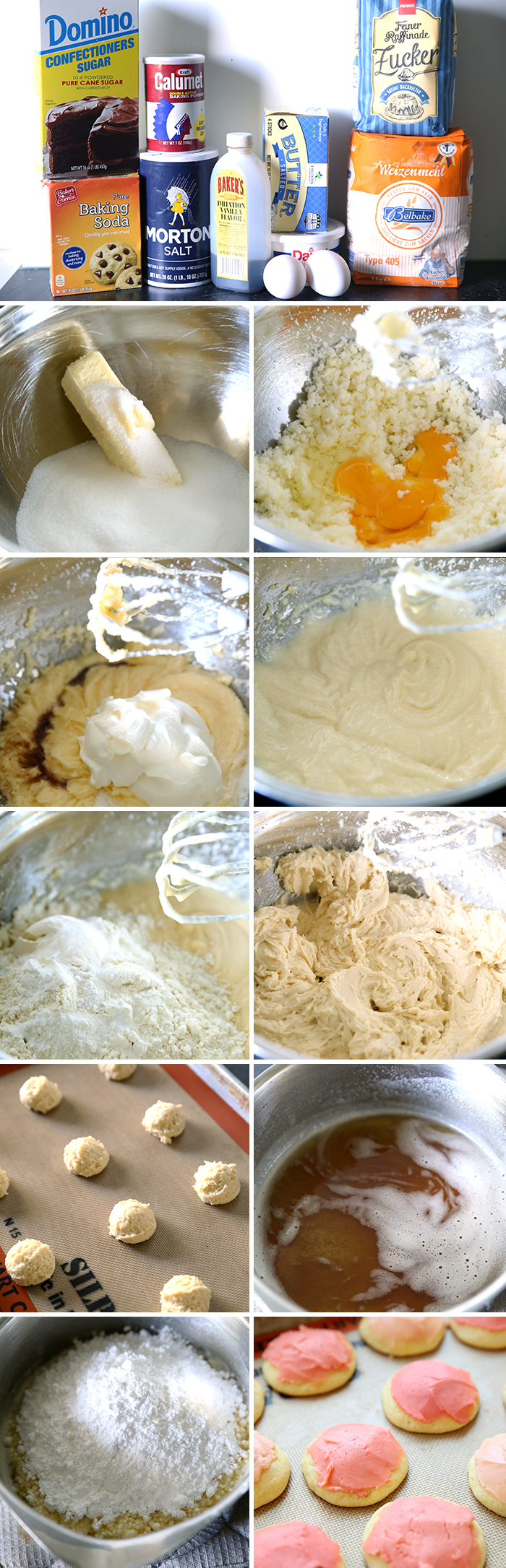 step by step instructional pictures for making sour cream drop sugar cookies. There are 11 pictures in the collage