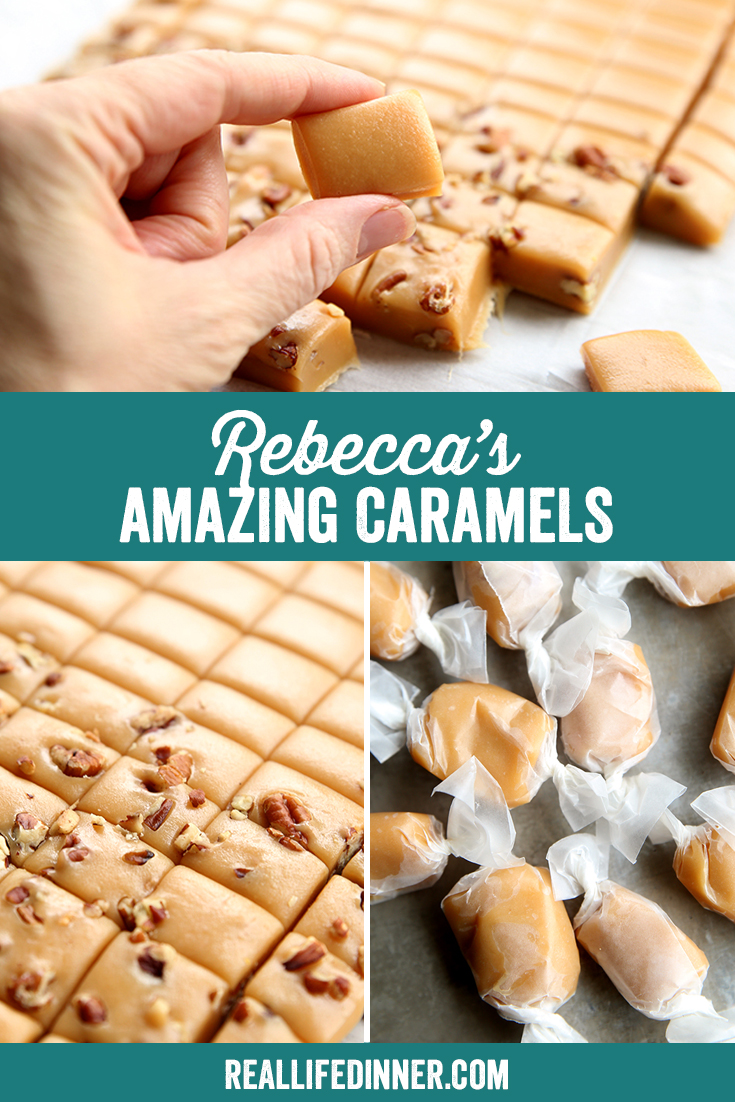 A pinterest image of three pictures of homemade caramels