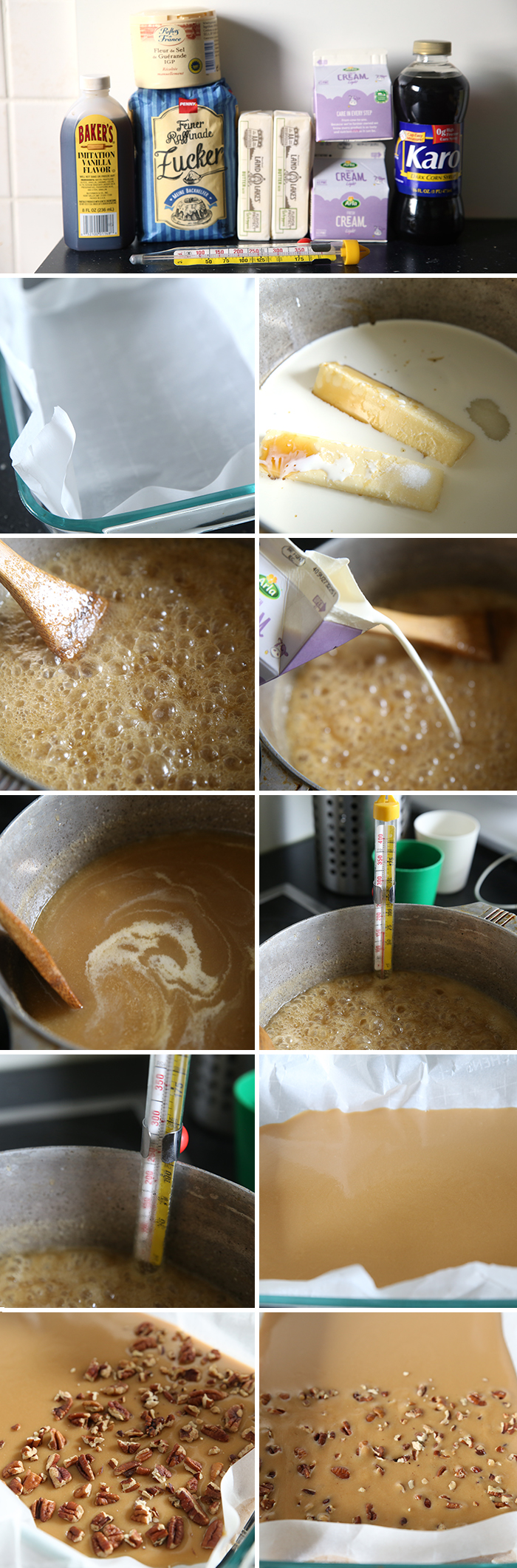 Step by step pictures of how to make Rebecca's Amazing Caramels. This collage has 11 photos