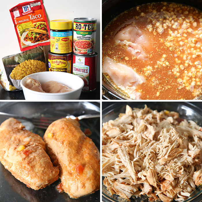 Four-picture collage of steps to make Slow Cooker Chicken Tortilla Soup