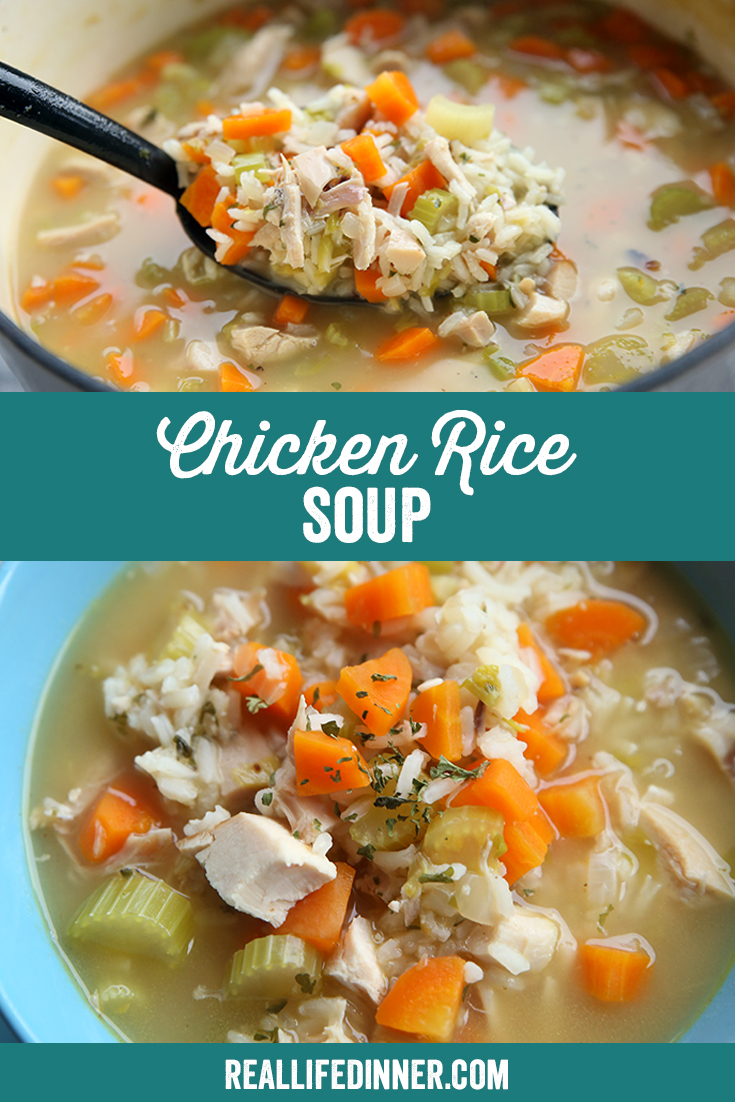 a pinterest image for chicken rice soup. This collage has two photos in it. 
