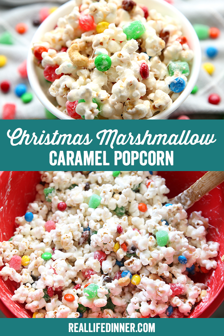 a pinterest collage of two images with the name of a holiday popcorn recipe and the colored treats mixed into the white popcorn