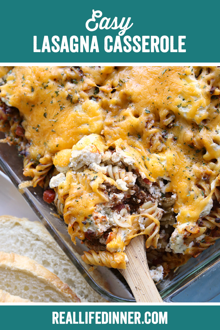 Pinterest image for easy lasagna casserole with one image