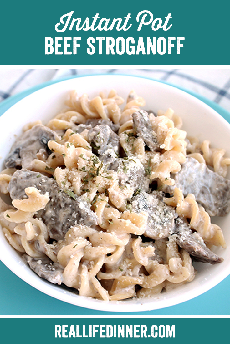pinterest image for beef stroganoff with one image
