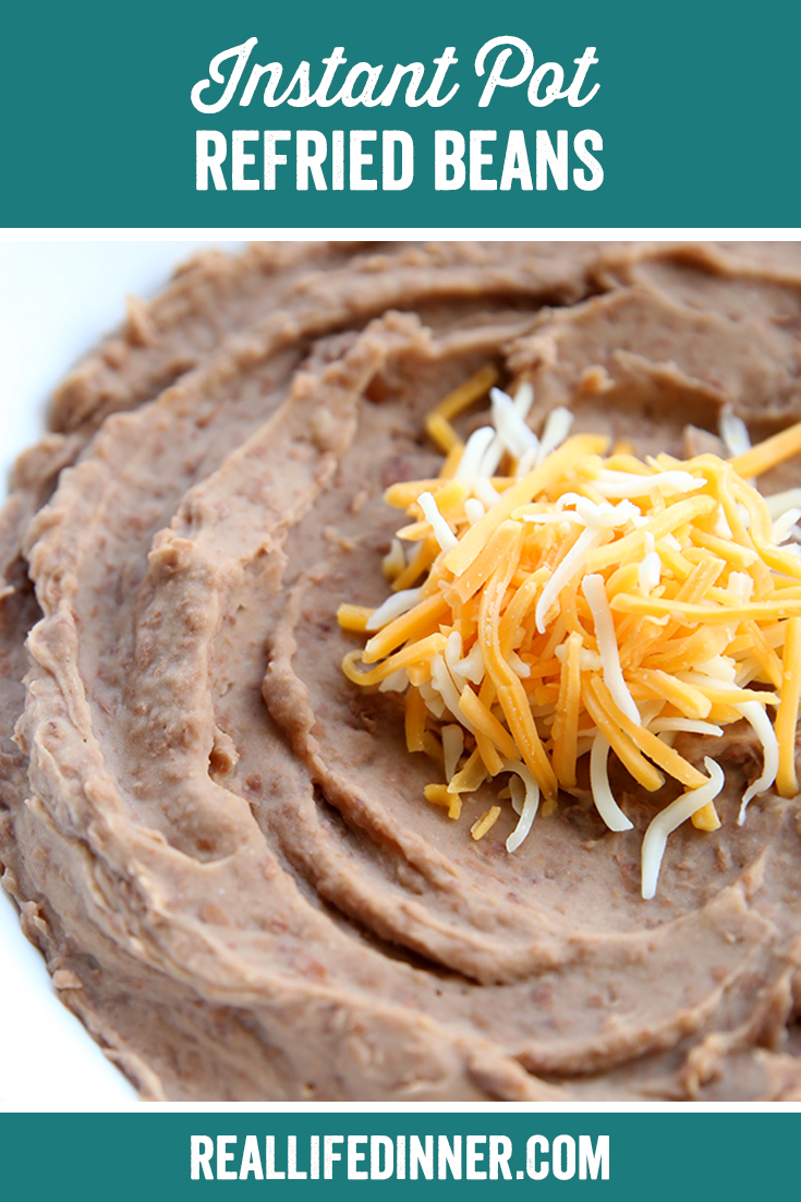Pinterest collage showing refried beans in a bowl with shredded cheese on top.