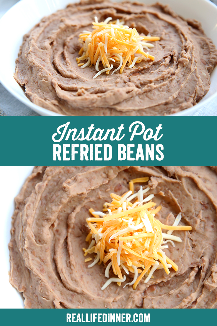 Pinterest Collage with two photos showing refried beans in a bowl with shredded cheese on top.