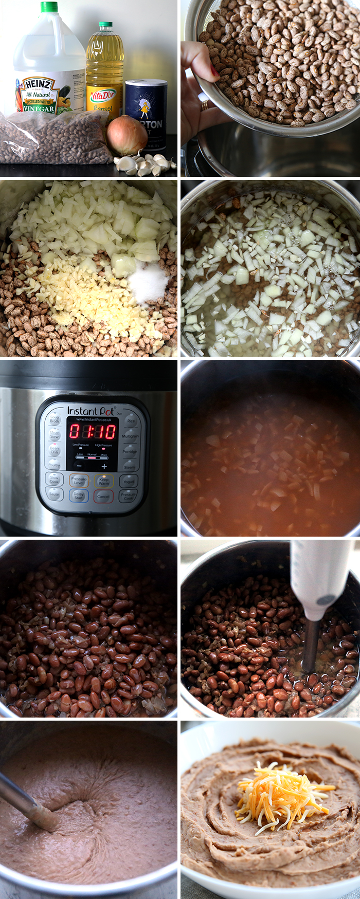 Pinterest collage with ten photos showing the process of how to make refried beans in the instant pot from start to finish. 