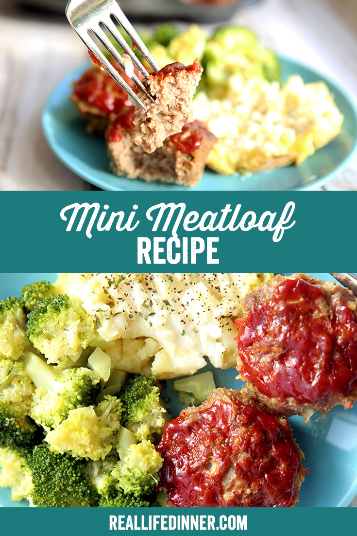 a pinterest collage of two pictures showing a fork in a serving of meatloaf