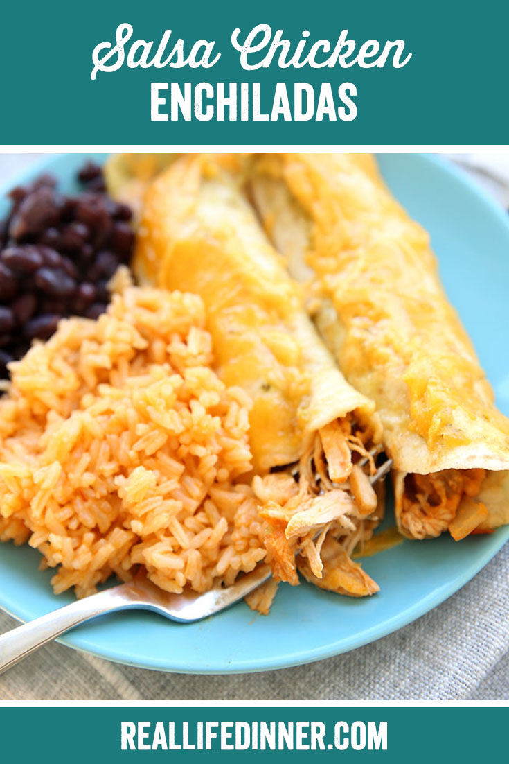 pinterest image with one image for salsa chicken enchiladas