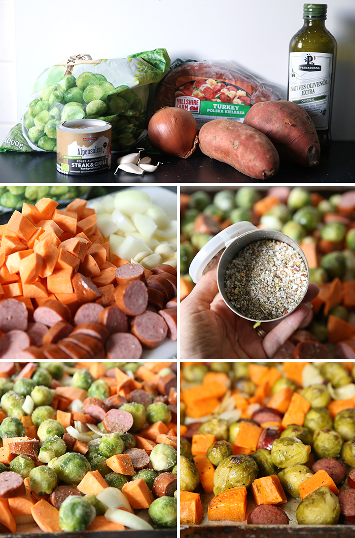 Five-picture collage of step-by-step photos for how to make Sheet Pan Kielbasa with Sweet Potatoes and Brussel Sprouts