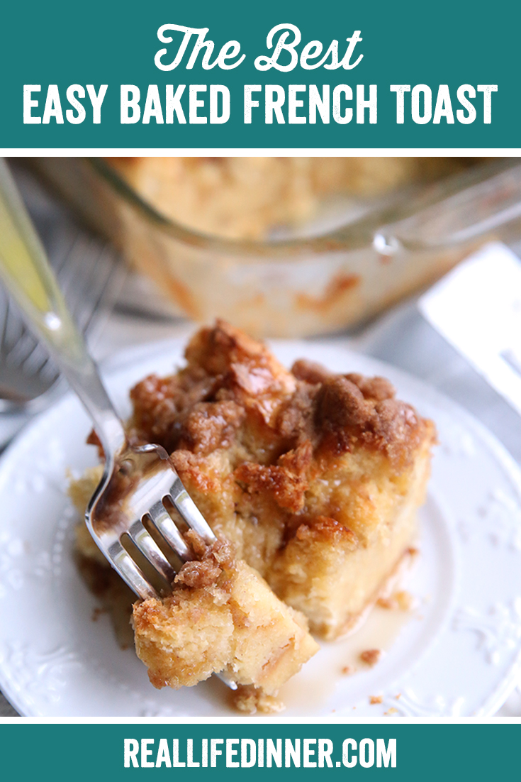 Pinterest picture of easy baked French toast with the text of the title at the top of the photo.