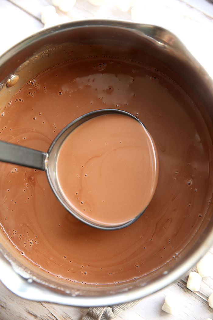 a rich hot chocolate in a ladle over a bowl of more hot chocolate