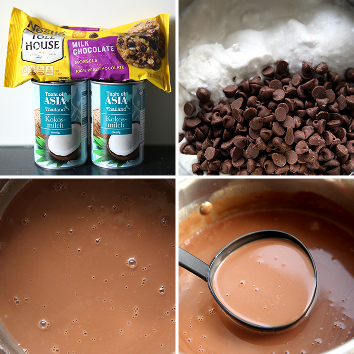 four pictures showing the steps to make two ingredient coconut hot chocolate