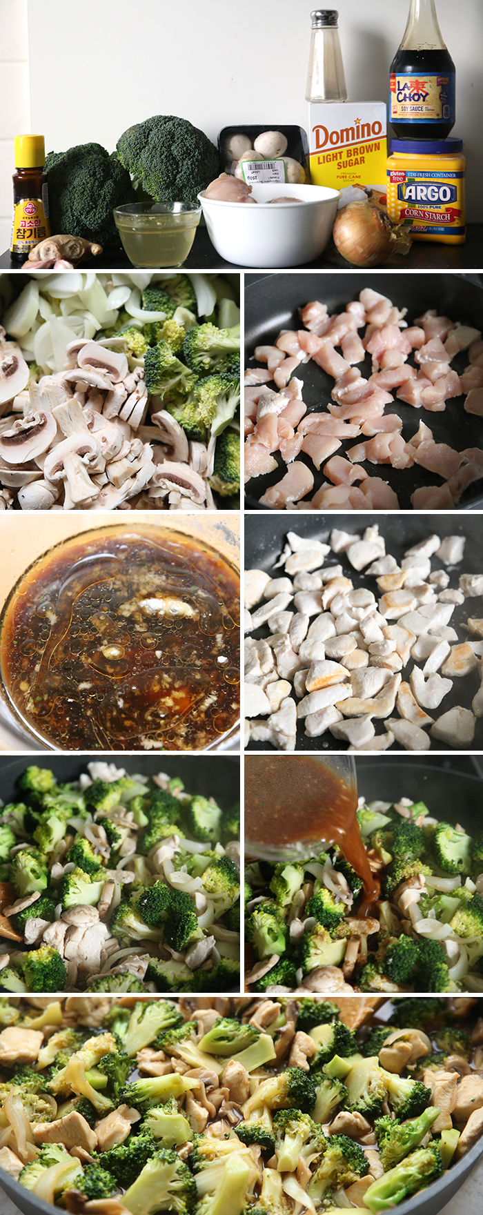 8-photo collage of step by step pictures for how to make broccoli chicken stir fry.