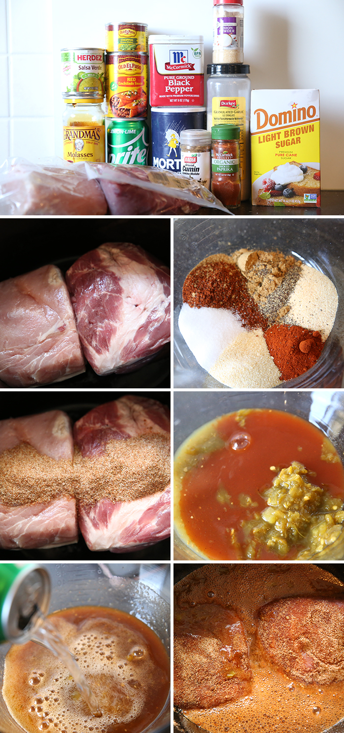 Seven picture photo collage of steps for making Cafe Rio Sweet Pork