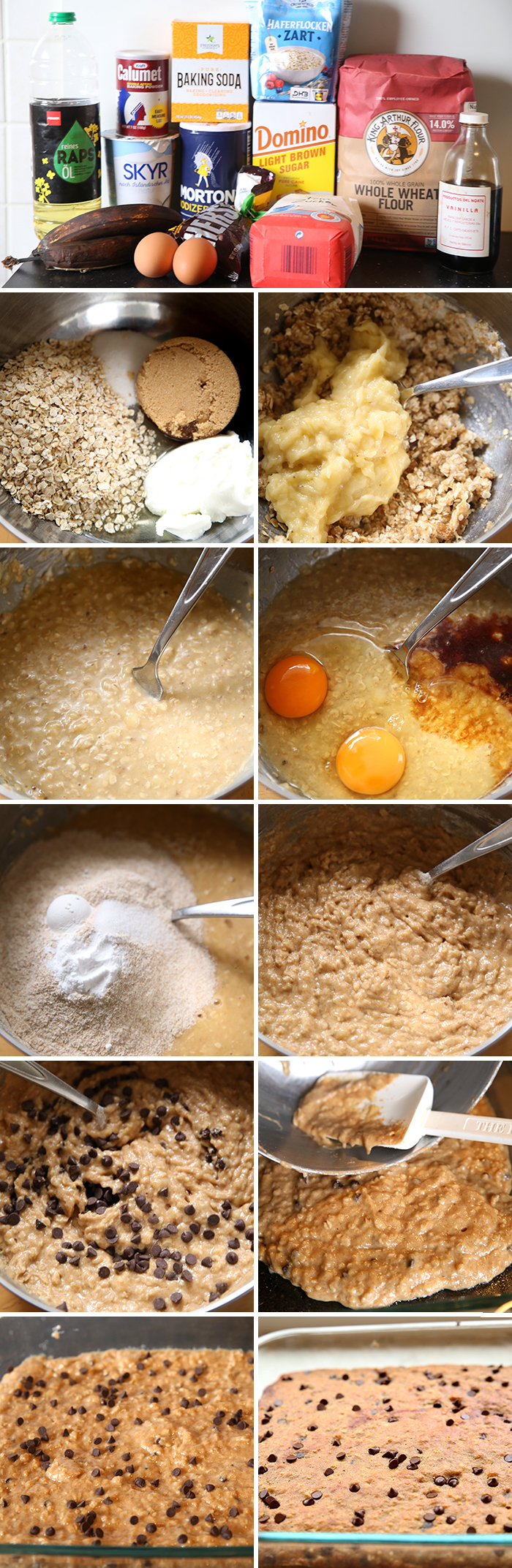 A collage with 11 pictures showing step by step directions on how to make Healthy Banana Snack Cake