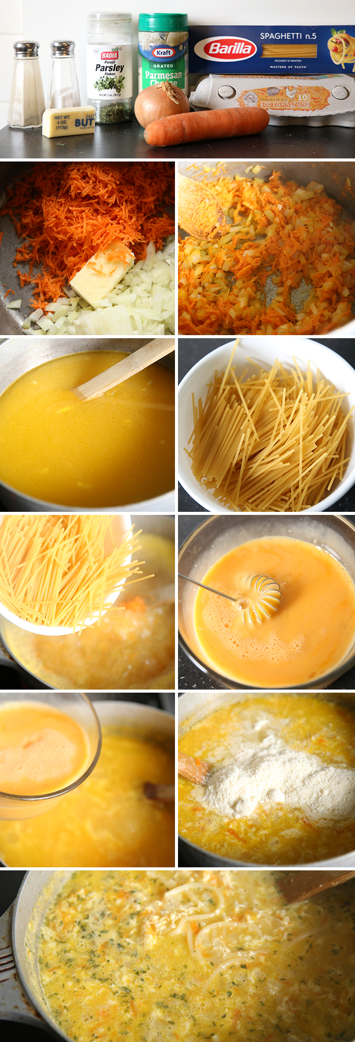 10-Photo collage of step by step pictures on how to make spaghetti soup.